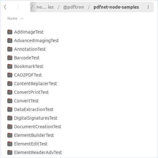 File explorer window on a Linux system showing the Apryse Samples library installed