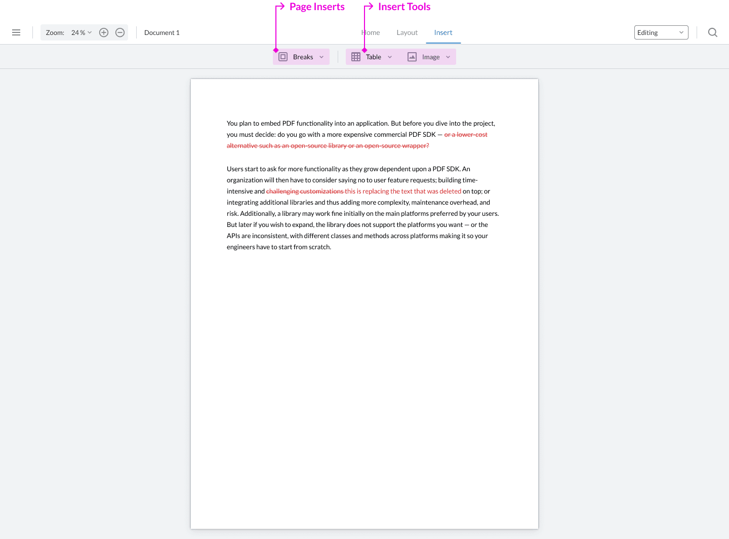 The Insert ribbon for DOCX Editor