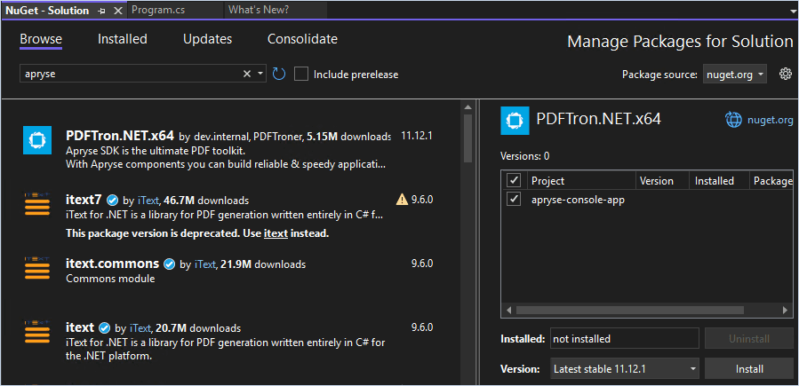 Visual Studio Manage NuGet Packages window showing the PDFTron.NET.x64 package with version options and an Install button.