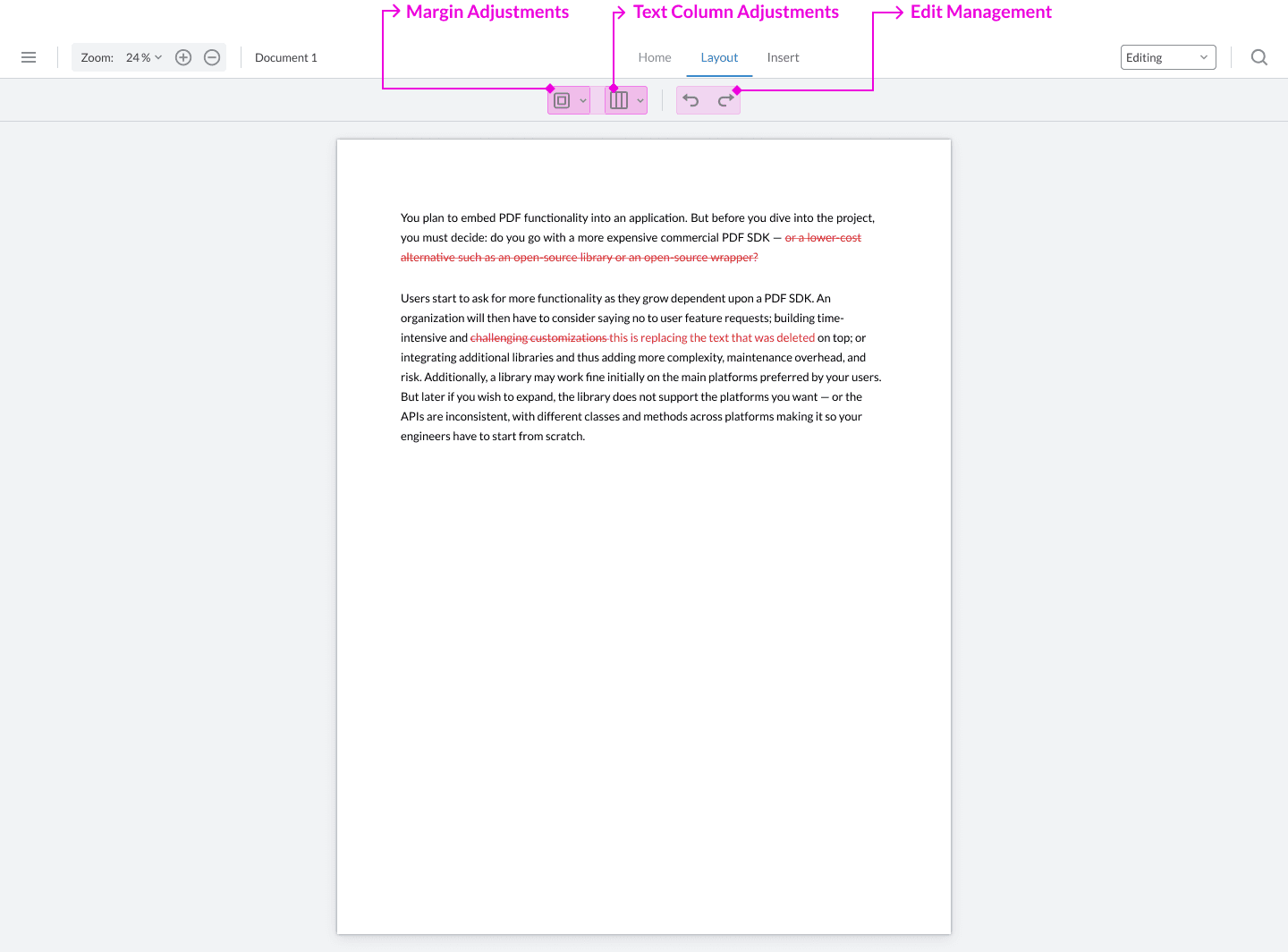 The layout ribbon of DOCX Editor