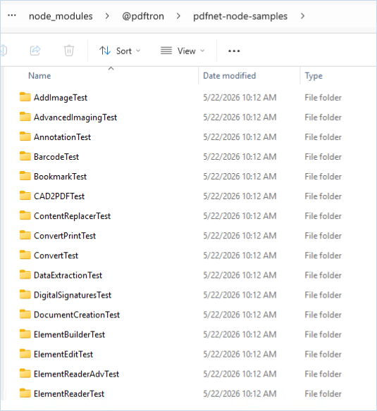 File explorer window on a Windows system showing the Apryse Samples library installed