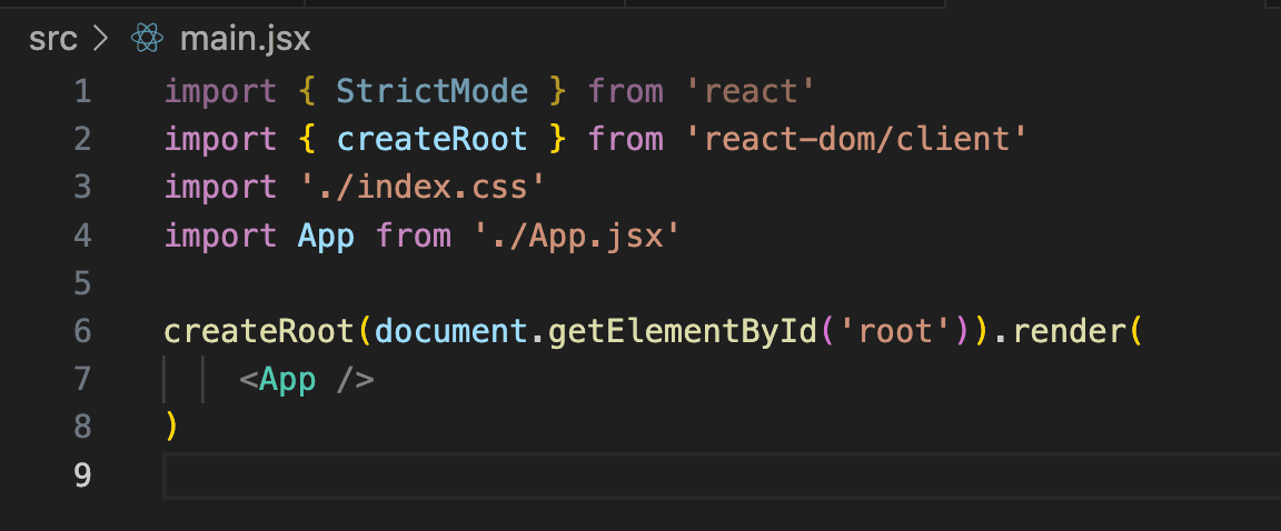 What the main.jsx file should look like after you delete the StrictMode tags.