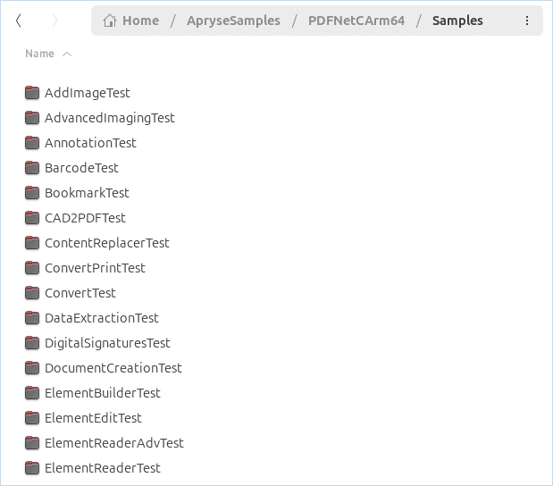File explorer window on a Linux system showing the Apryse Samples library installed