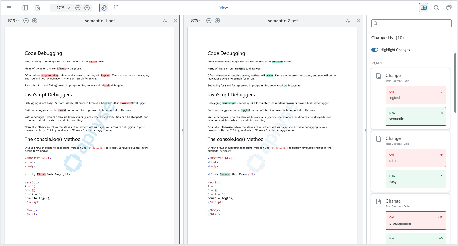 An image of Apryse WebViewer in MultiViewer mode showing the compare pages feature. There are two documents loaded in the viewer that look similar but have their text differences highlighted and shown in a Compare Panel.