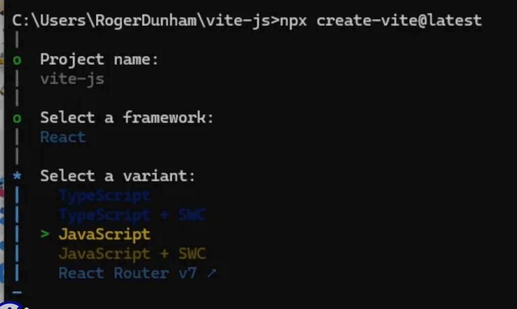 Image of project options you must select during React project setup. This includes project name, framework selection,  and variant, like JavaScript.