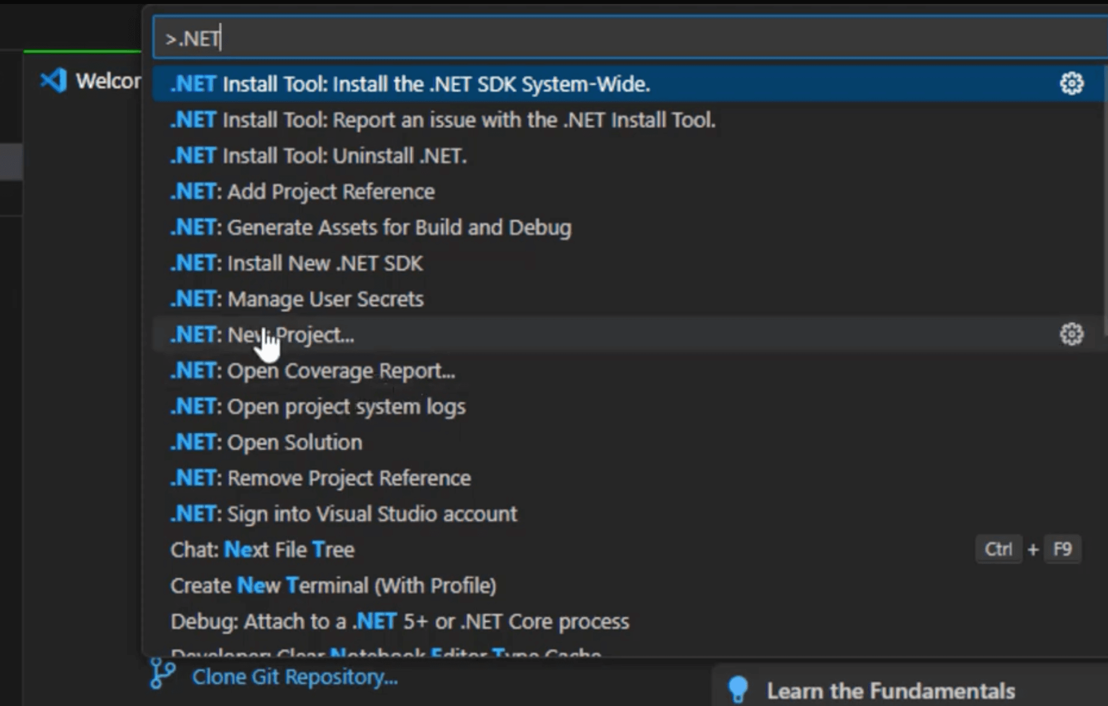The Command Palette in Visual Studio Code when you enter .NET into the Palette