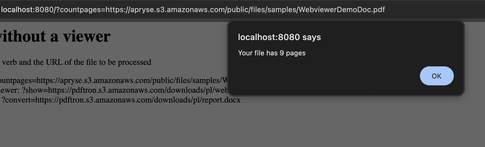 Alert displaying with the total page count of the PDF