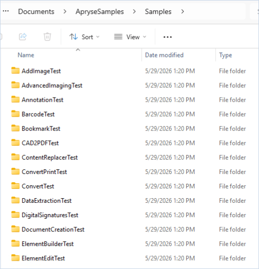 File explorer window on a Windows system showing the Apryse Samples library installed