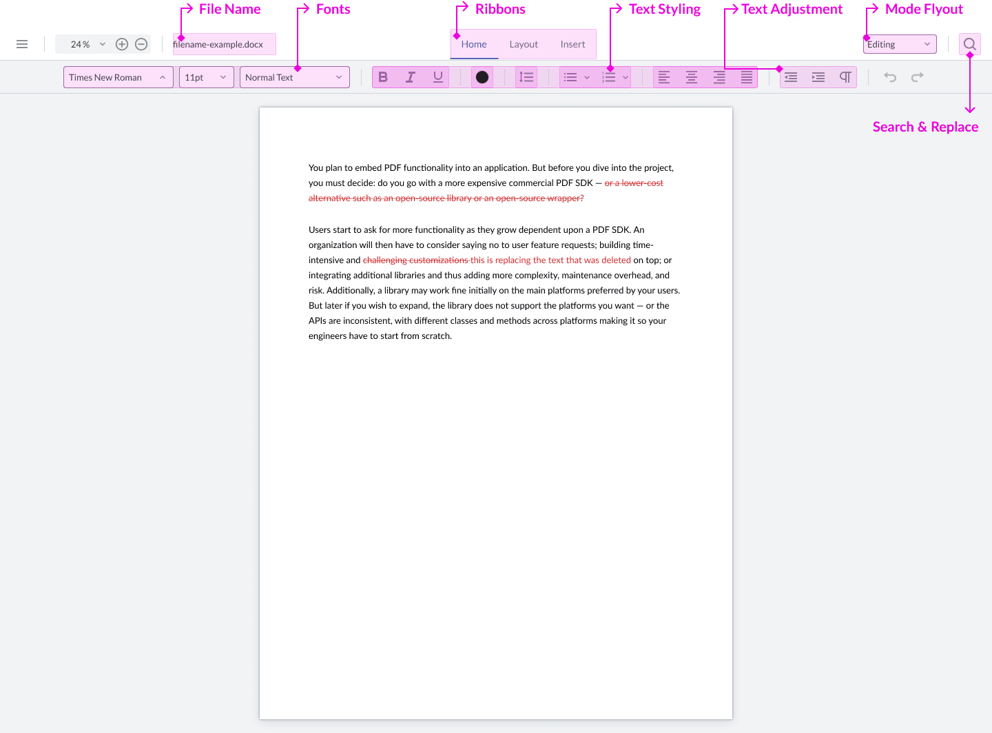 The Home ribbon for the DOCX Editor