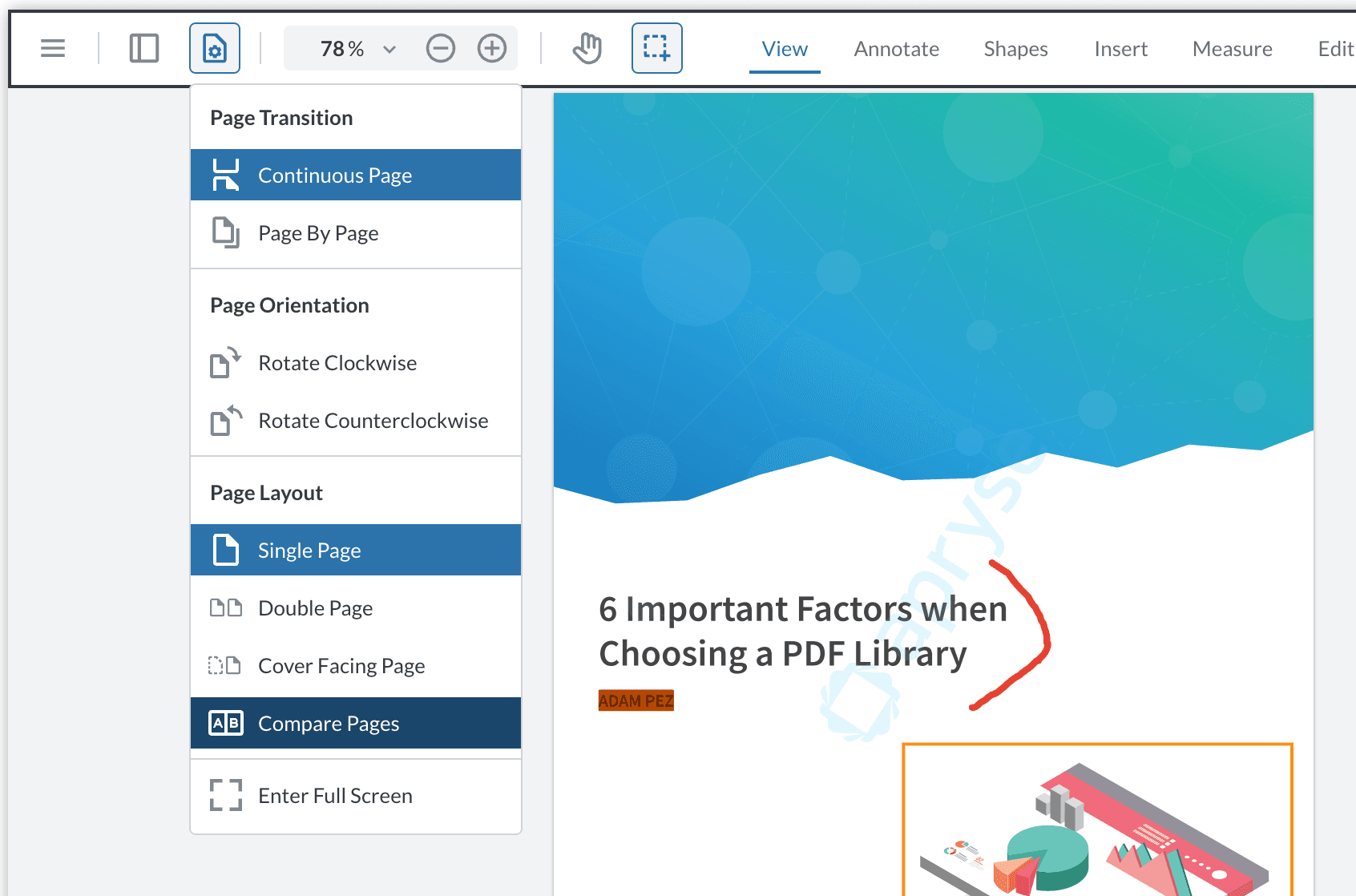 An image of Apryse WebViewer with the View Controls menu open and the Compare Pages button highlighted.