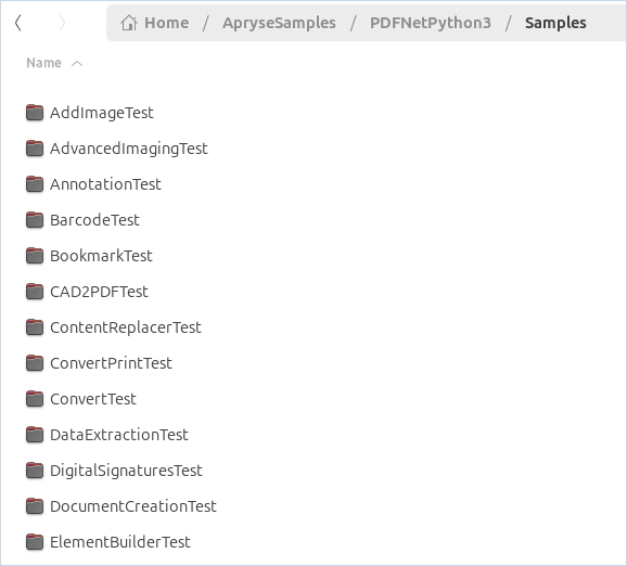 File explorer window on a Linux system showing the Apryse Samples library installed