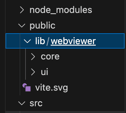 Public folder expanded with new folder titled lib/webviewer and core and ui copied folders within the lib/webviewer folder.