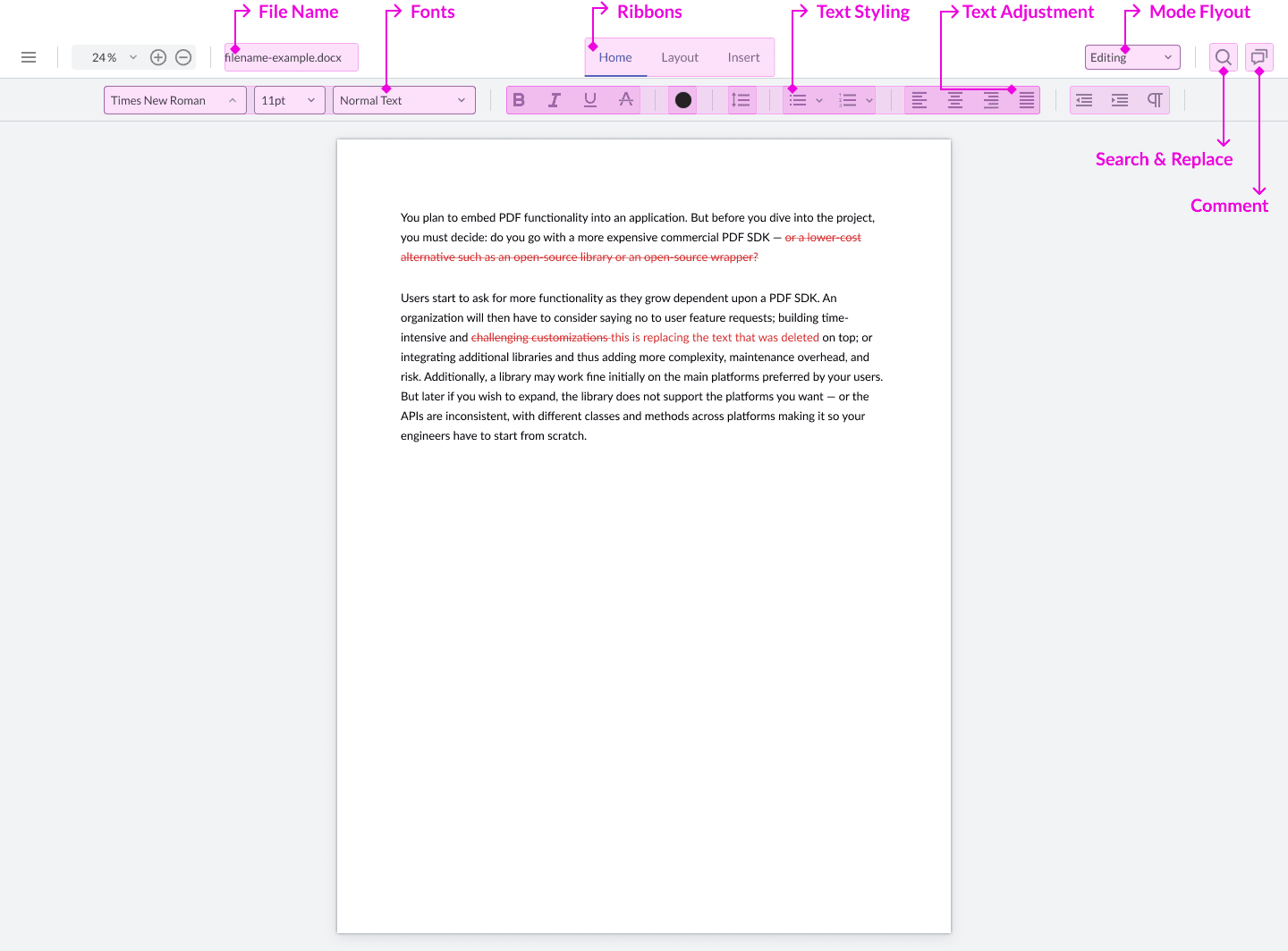 The Home ribbon for the DOCX Editor