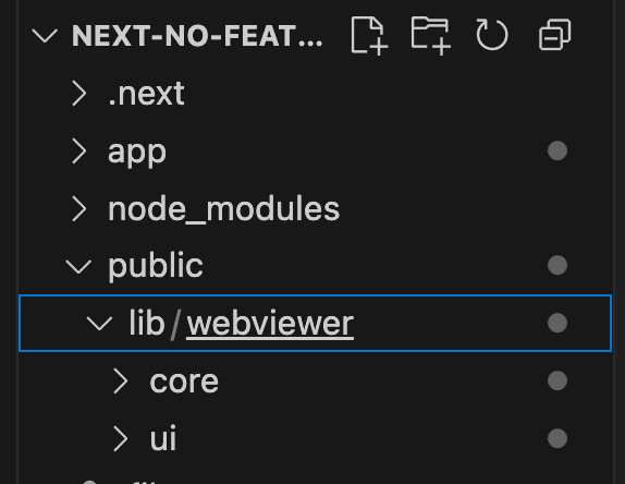 Public folder expanded with new folder titled lib/webviewer and core and ui copied folders within the lib/webviewer folder.
