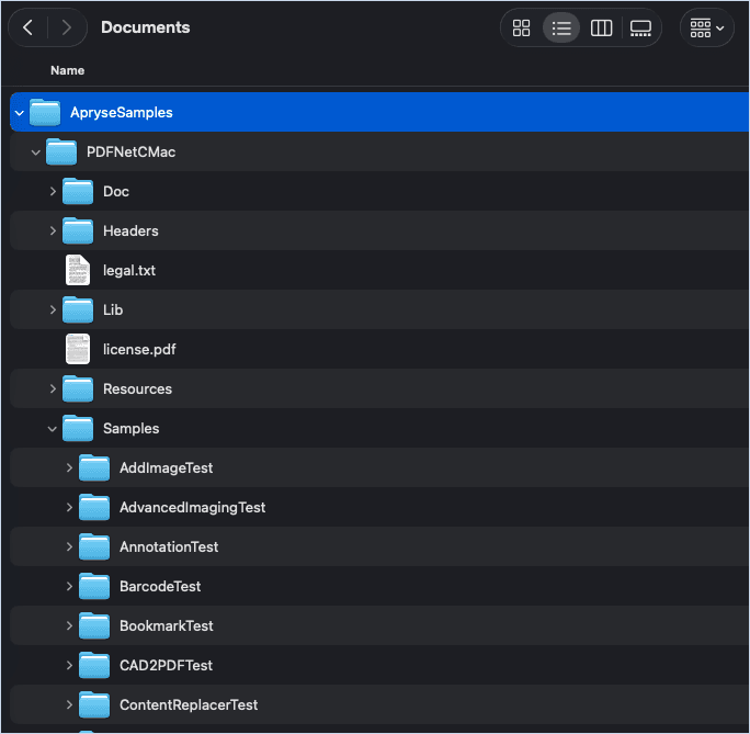 File explorer window on a macOS system showing the Apryse Samples library installed