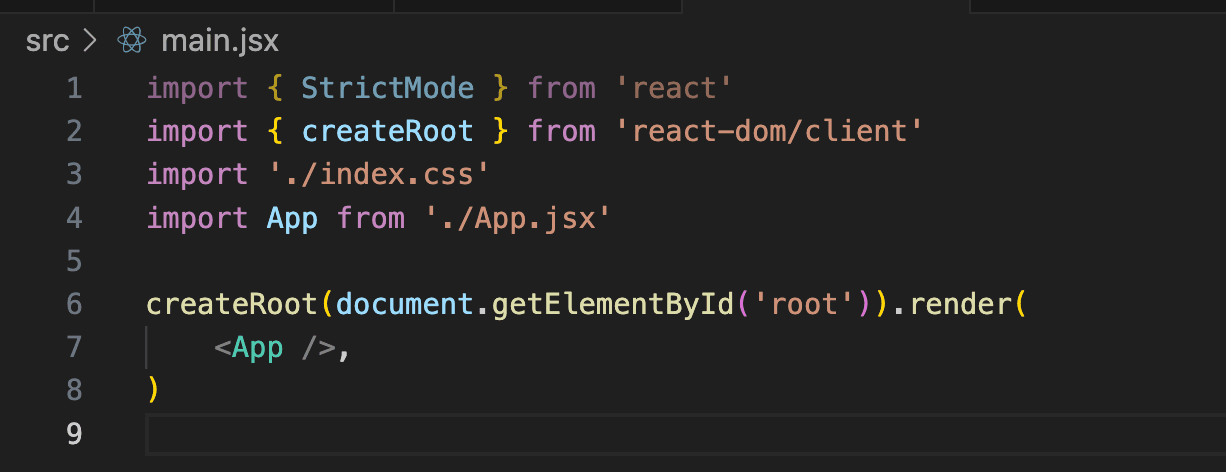 What the main.jsx file should look like after you delete the StrictMode tags.