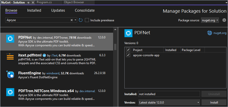 Visual Studio Manage NuGet Packages window showing the PDFTron.NetFramework.x64 package with version options and an Install button.