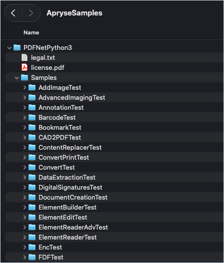 File explorer window on a macOS system showing the Apryse Samples library installed
