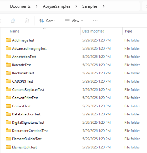 File explorer window on a Windows system showing the Apryse Samples library installed