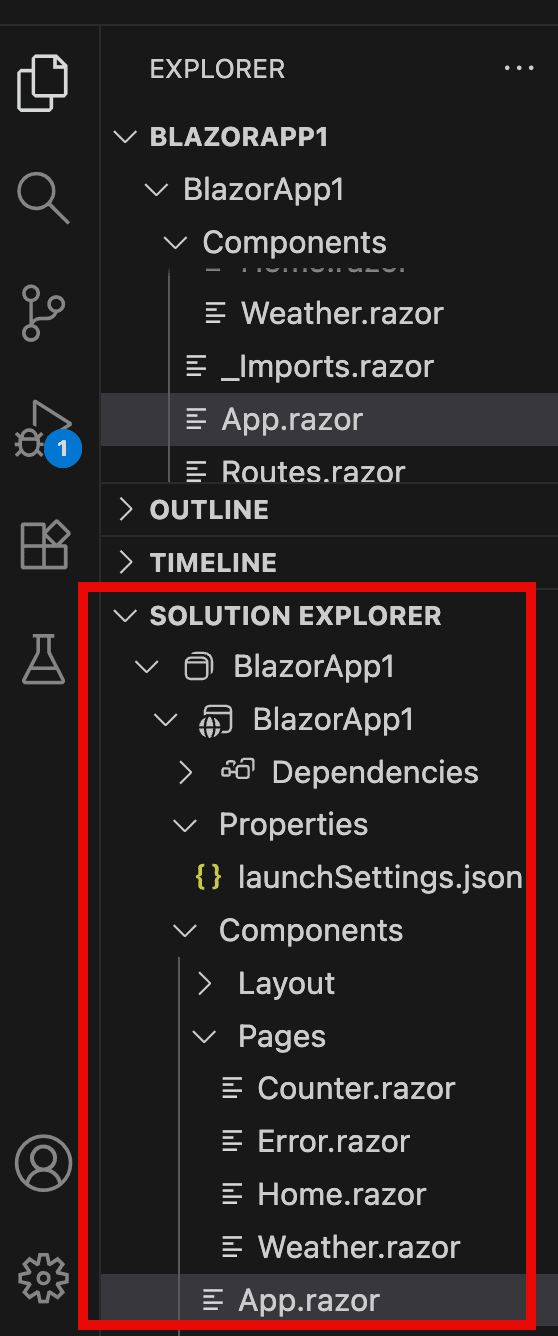 Solution Explorer tree in Visual Studio Code with your Blazor project files