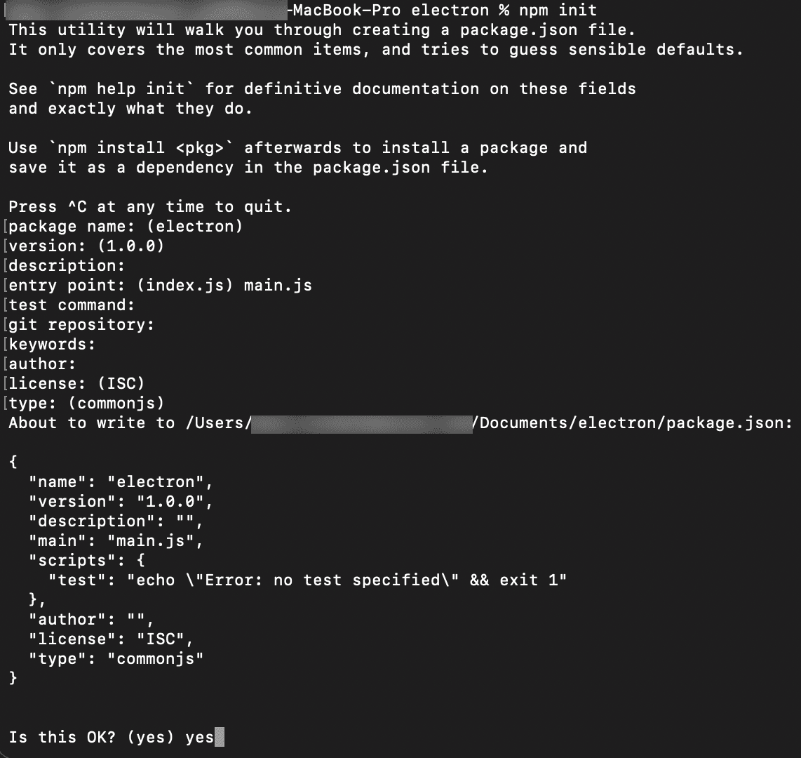 Questions to answer on the command line when you initialize the project.