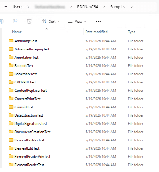 File explorer window on a Windows system showing the Apryse Samples library installed
