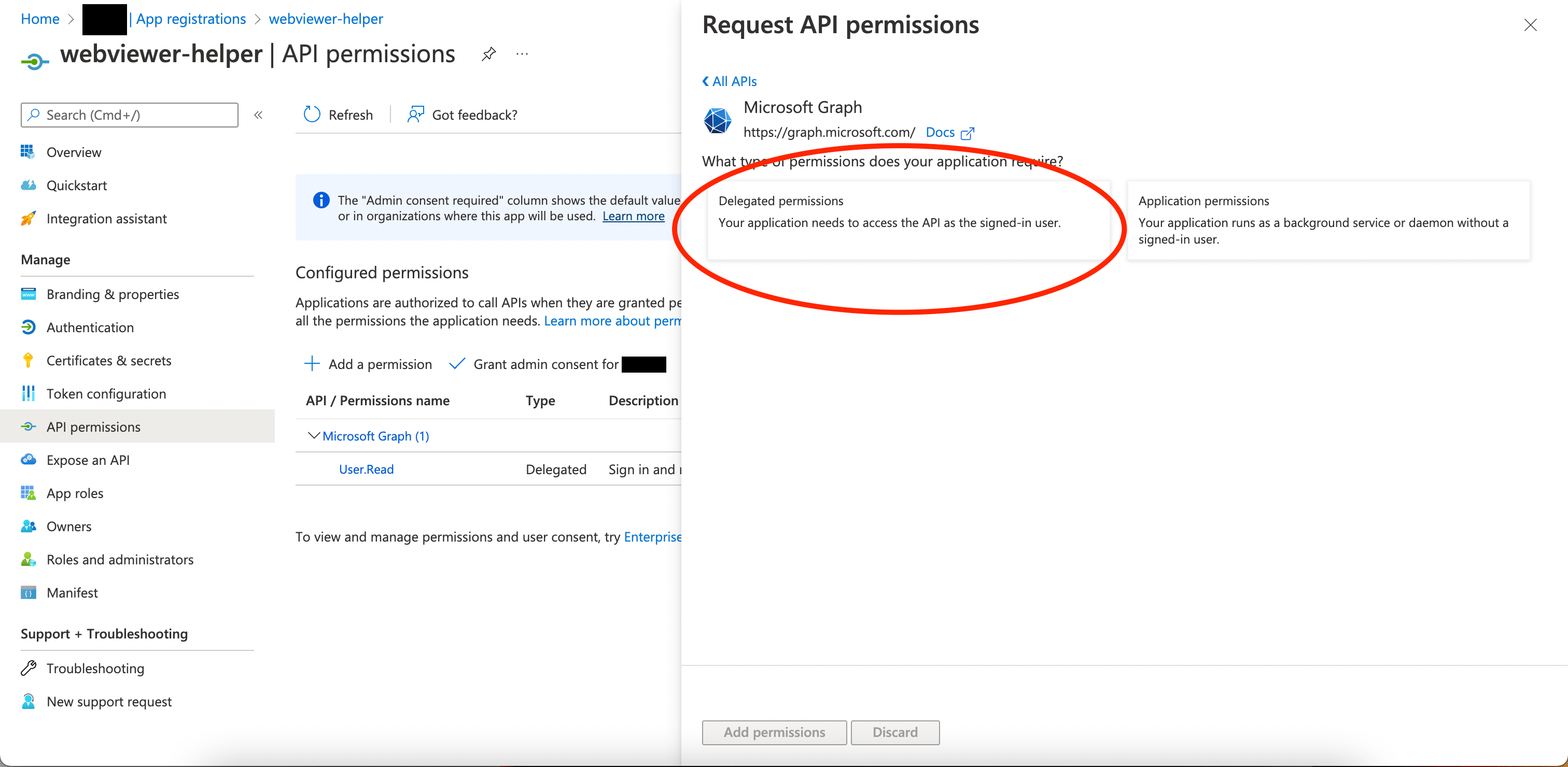 Select Delegated permissions