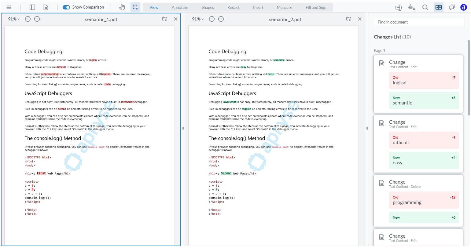 Semantic compare with two documents loaded