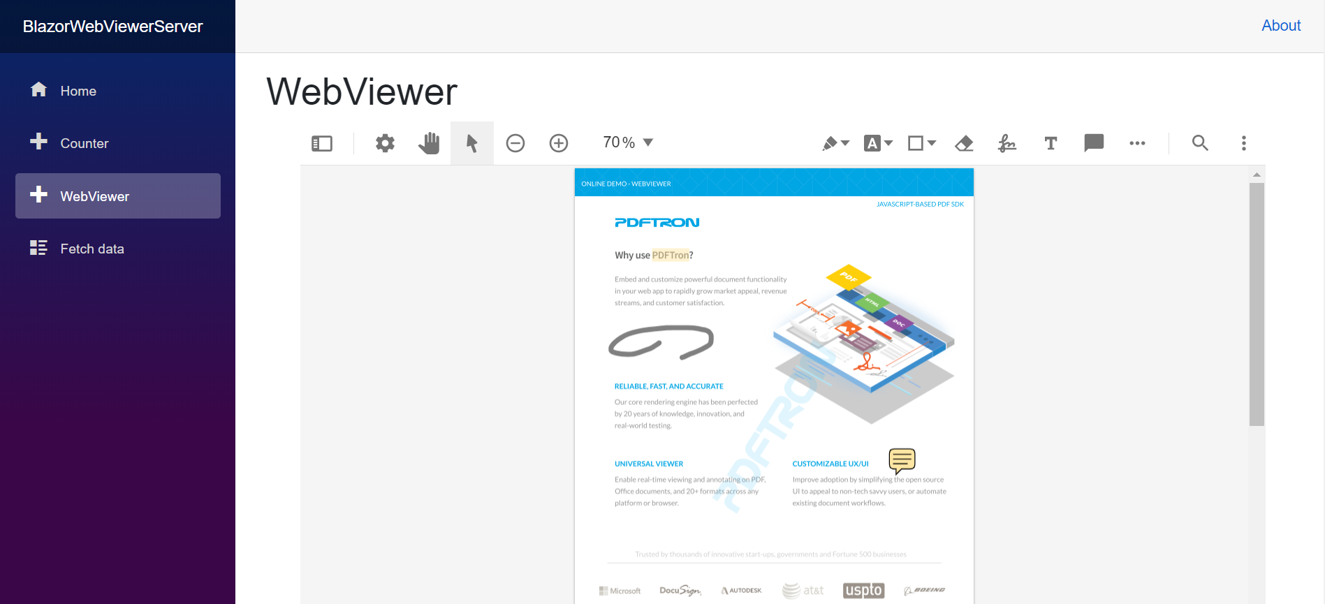 WebViewer integrated in Blazor sample